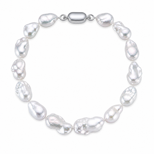 White baroque freshwater pearl necklace with silver-tone oval clasp and smooth oval pearls