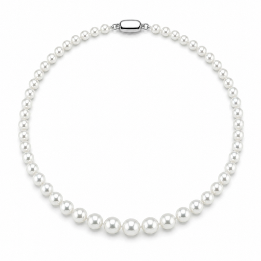 Japanese Akoya pearl necklace, graduated white pearls with silver box clasp