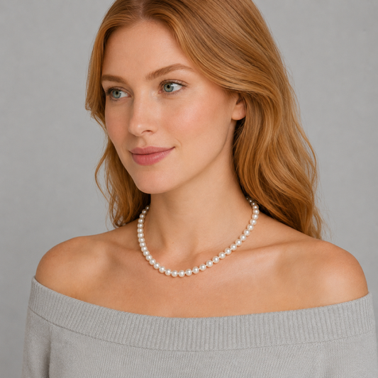 White pearl necklace with round pearls; worn off-shoulder view