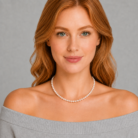 White freshwater pearl necklace worn on model, short strand with oval silver clasp