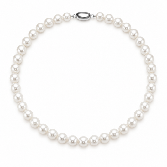 White freshwater pearl necklace with round pearls and oval silver clasp at top