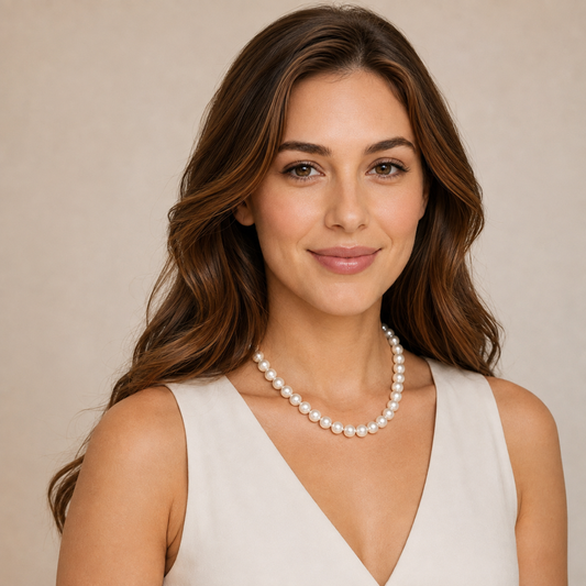 White freshwater pearl necklace worn with layered look and oval silver clasp at front