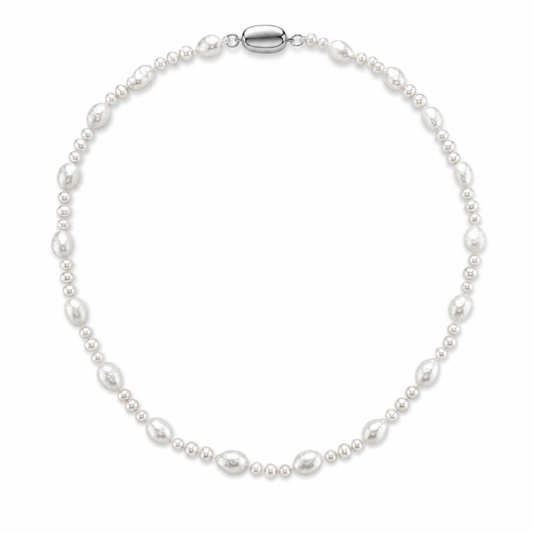 White freshwater pearl necklace with oval toggle clasp, single strand of pearls