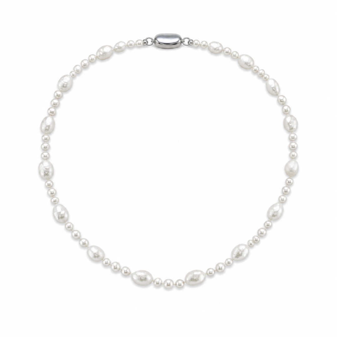 White freshwater pearl necklace with oval toggle clasp, evenly spaced pearl strand