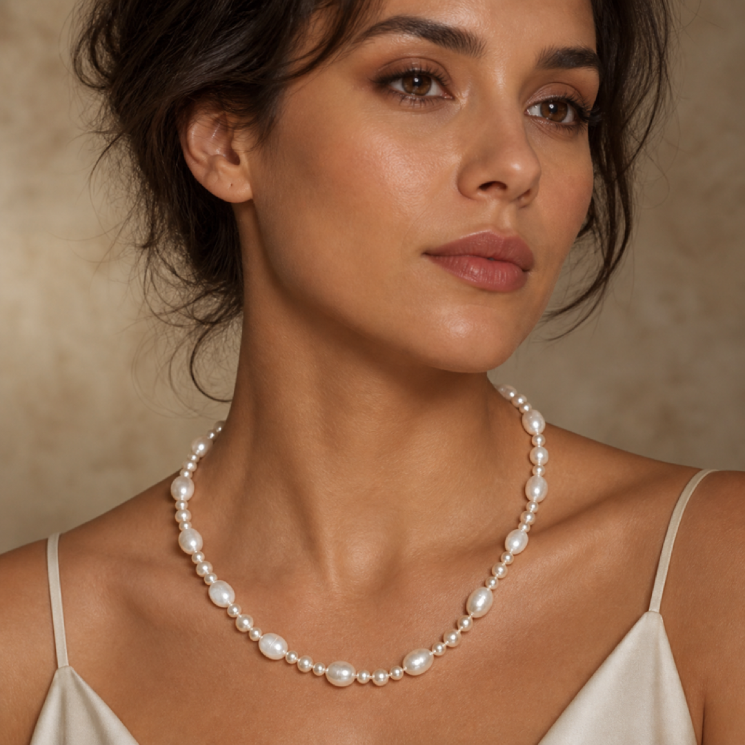 Freshwater pearl necklace on model, single strand with oval toggle clasp at neckline
