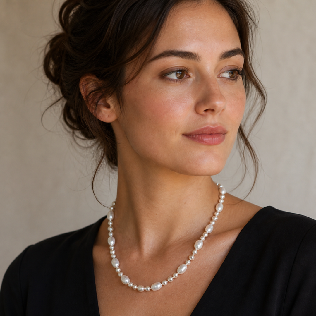 Freshwater pearl necklace with oval toggle clasp, single strand on model at side
