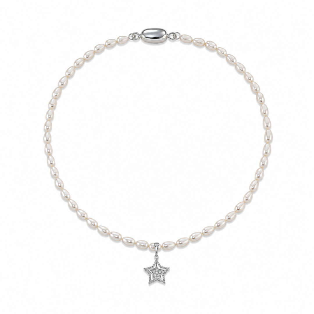 White oval freshwater pearl necklace with silver star pendant