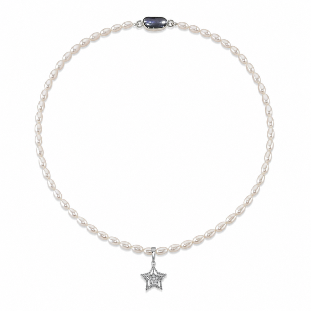 White oval freshwater pearl necklace with star pendant, silver-toned accents
