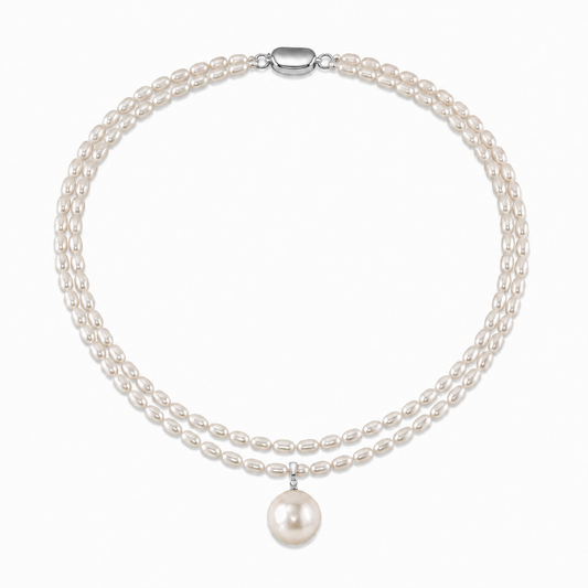 Double-strand white freshwater pearl necklace with silver clasp and pearl drop