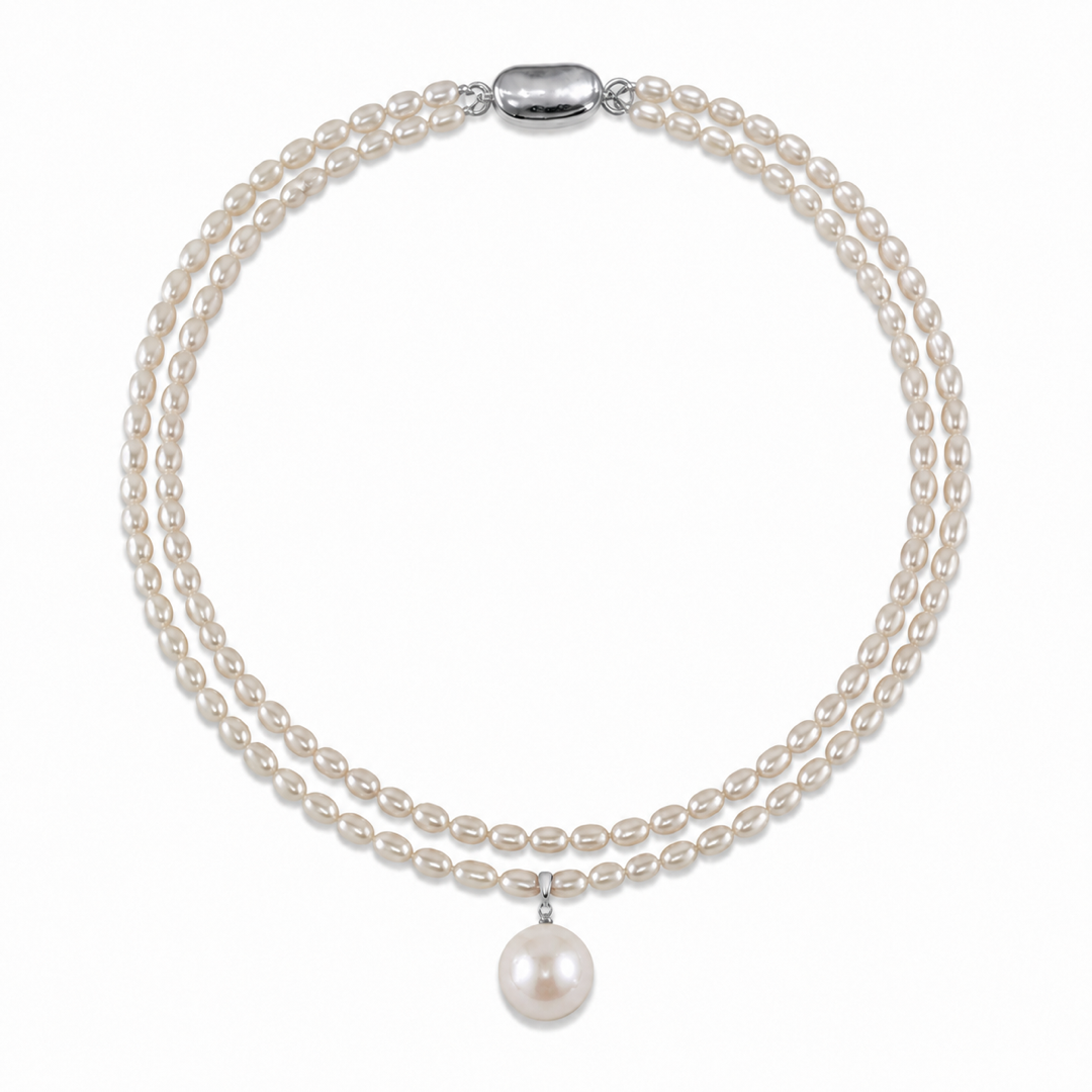 Double-strand white freshwater pearl necklace with silver clasp and center pearl drop