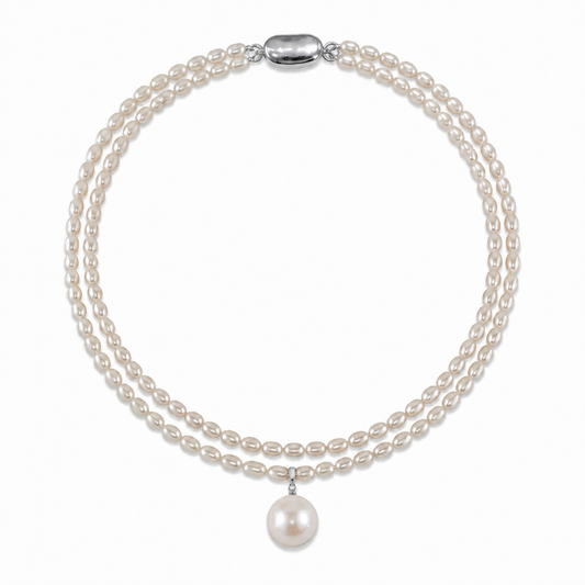 Double-strand white freshwater pearl necklace with silver clasp and center pearl drop