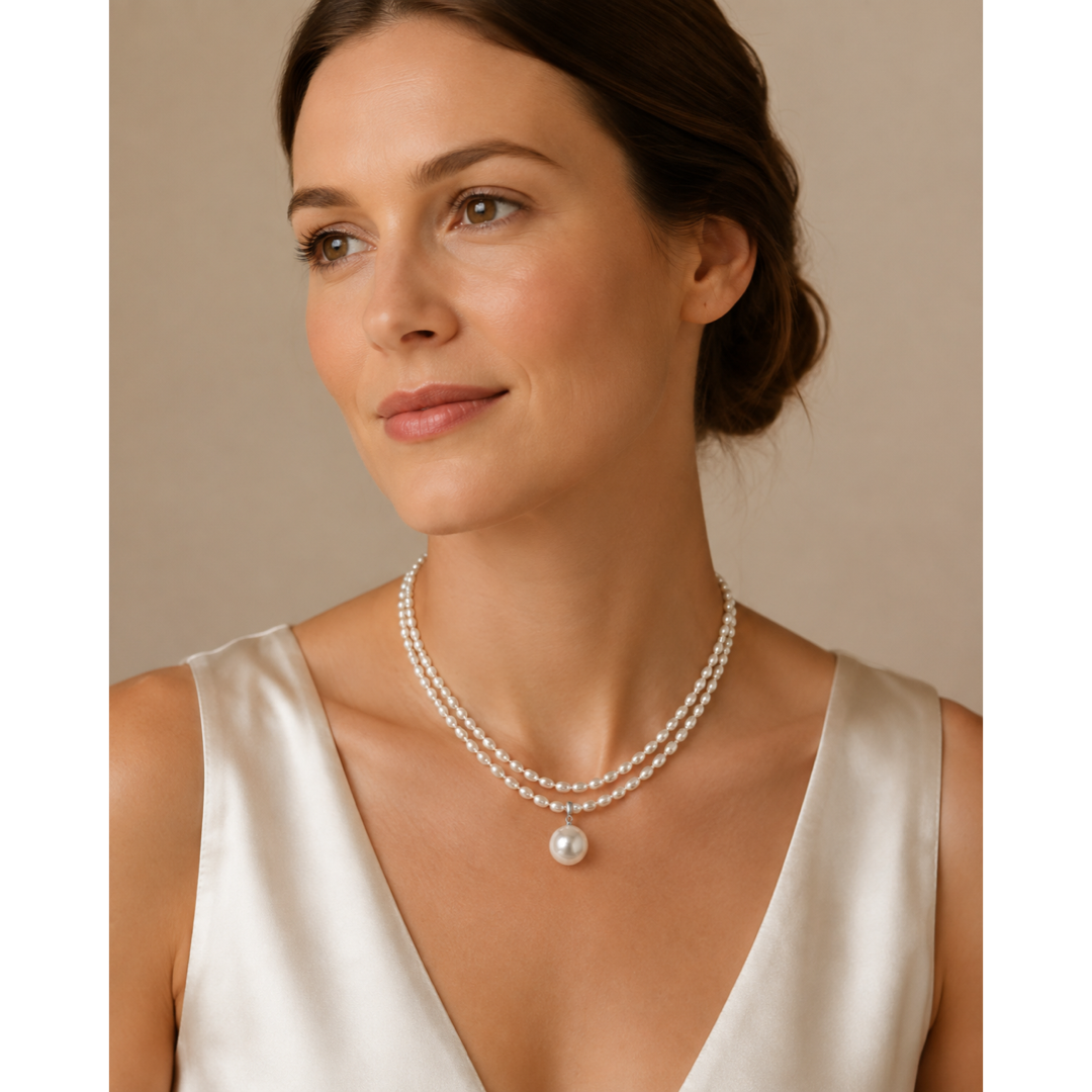 White freshwater pearl necklace worn by model, layered strands with center pearl drop