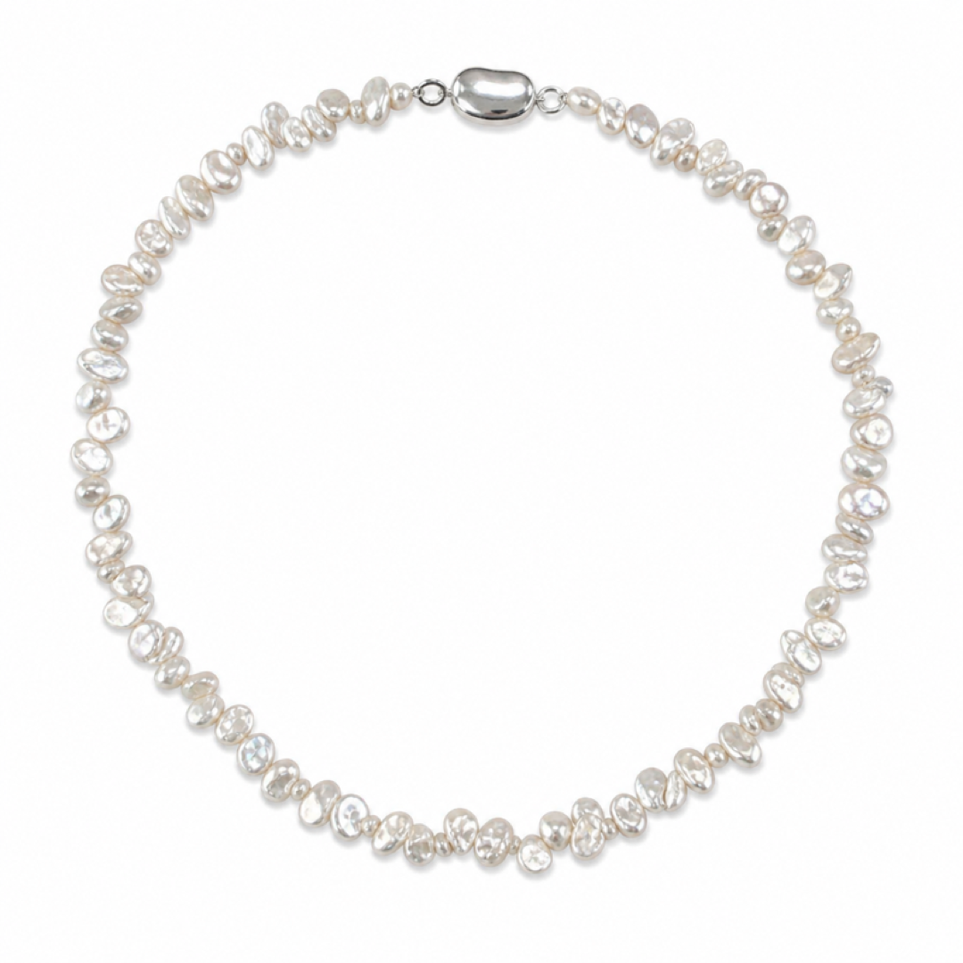 White freshwater pearl choker necklace with uniform small pearls and silvertone clasp