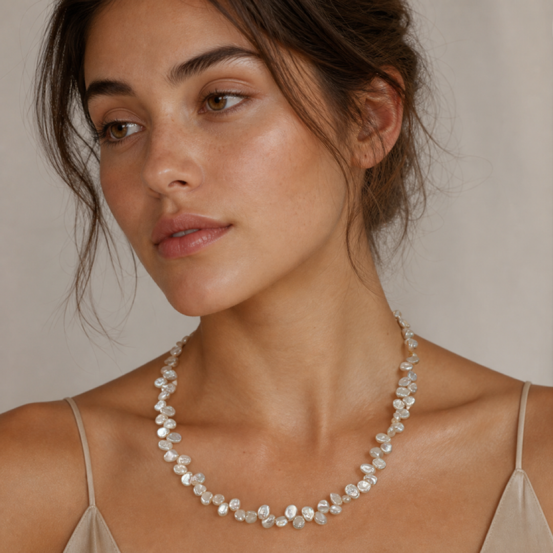 White freshwater pearl necklace worn close to the neck with small linked bead rows