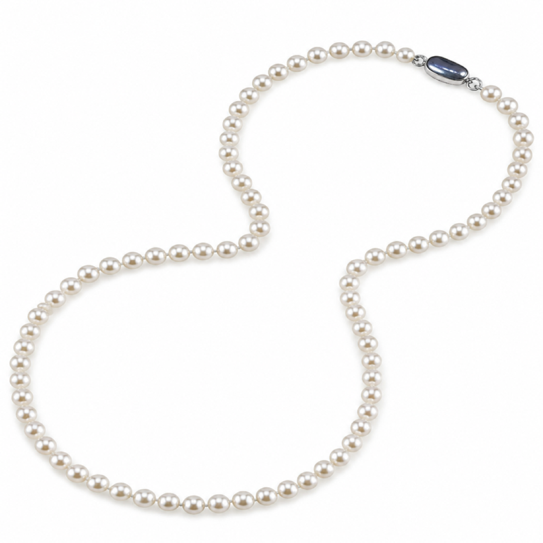White pearl necklace with round pearls and an oval clasp detail near the top