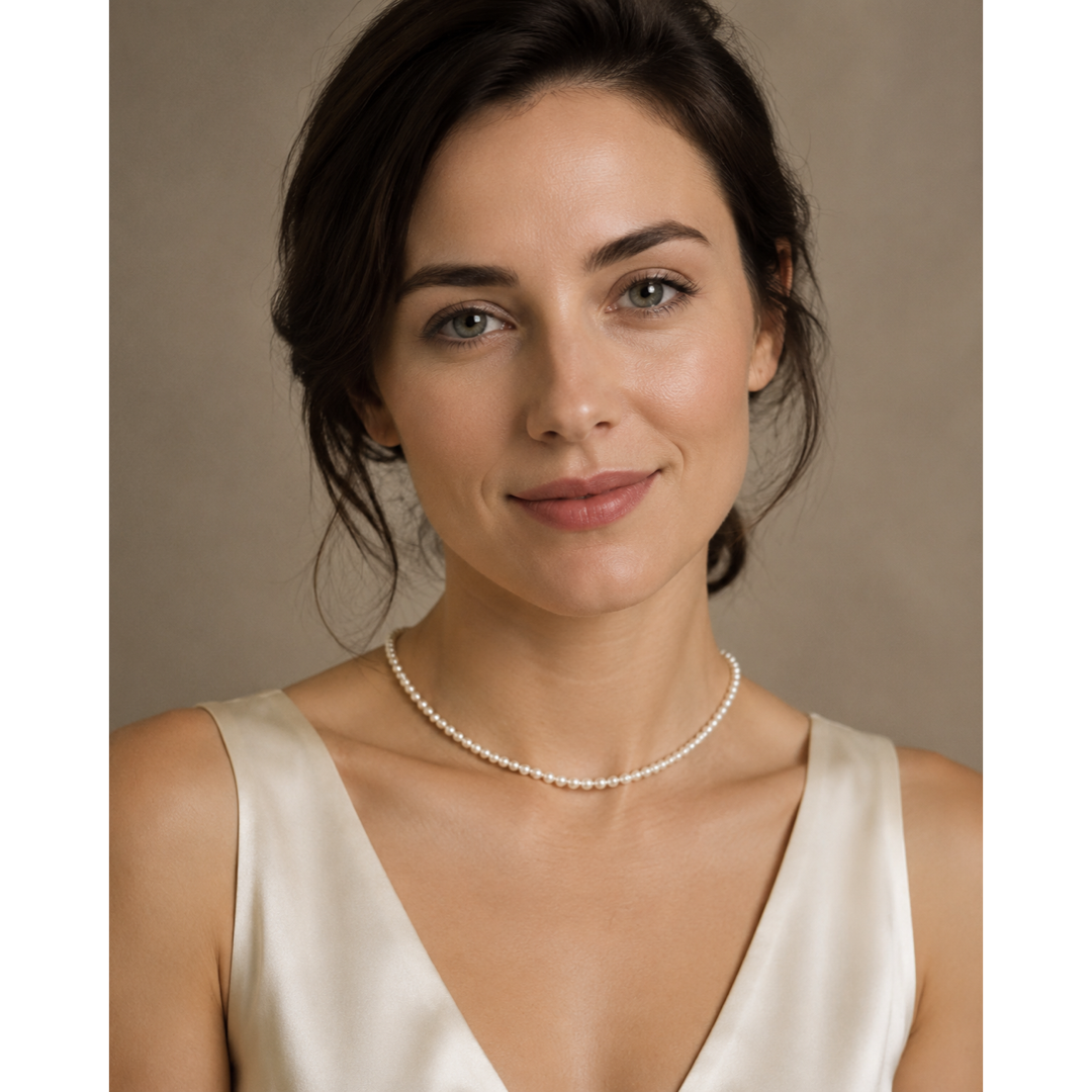 White pearl necklace with oval clasp worn at the collarbone on a sleeveless dress