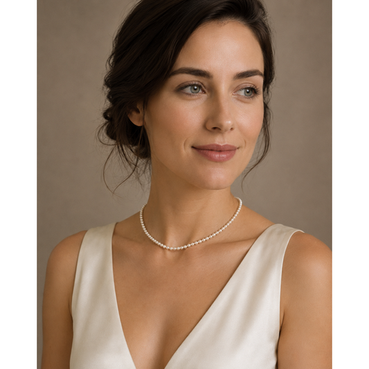 White pearl necklace with oval clasp resting at the collarbone on a model