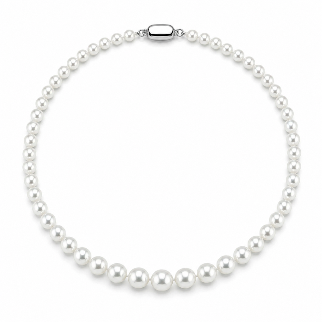 Japanese Akoya pearl necklace, graduated white pearls with silver box clasp