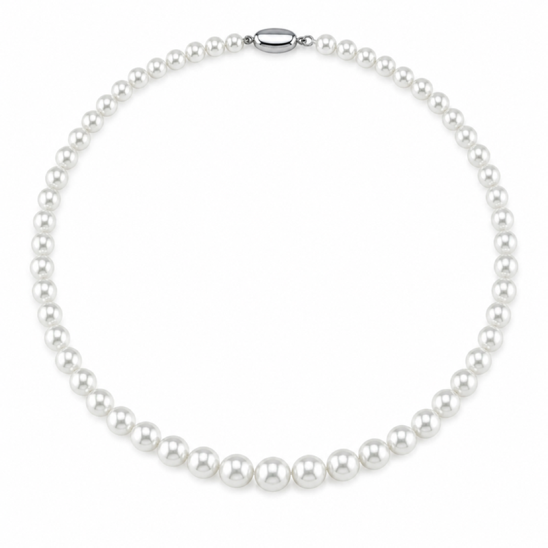 Japanese Akoya pearl necklace, graduated white pearls with oval silver clasp