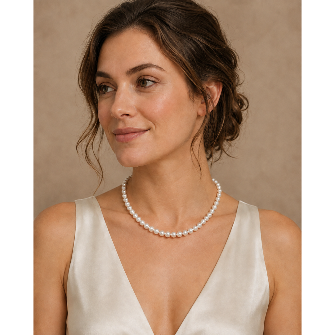 White Akoya pearl necklace worn by model, close collar with graduated pearls