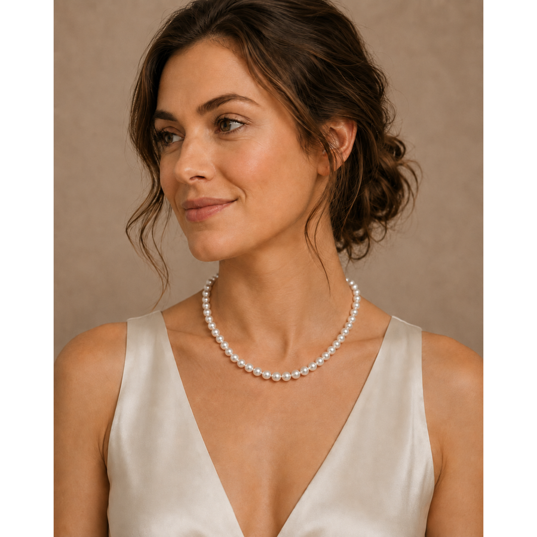 White Akoya pearl necklace worn by model, graduated pearls with smooth clasp