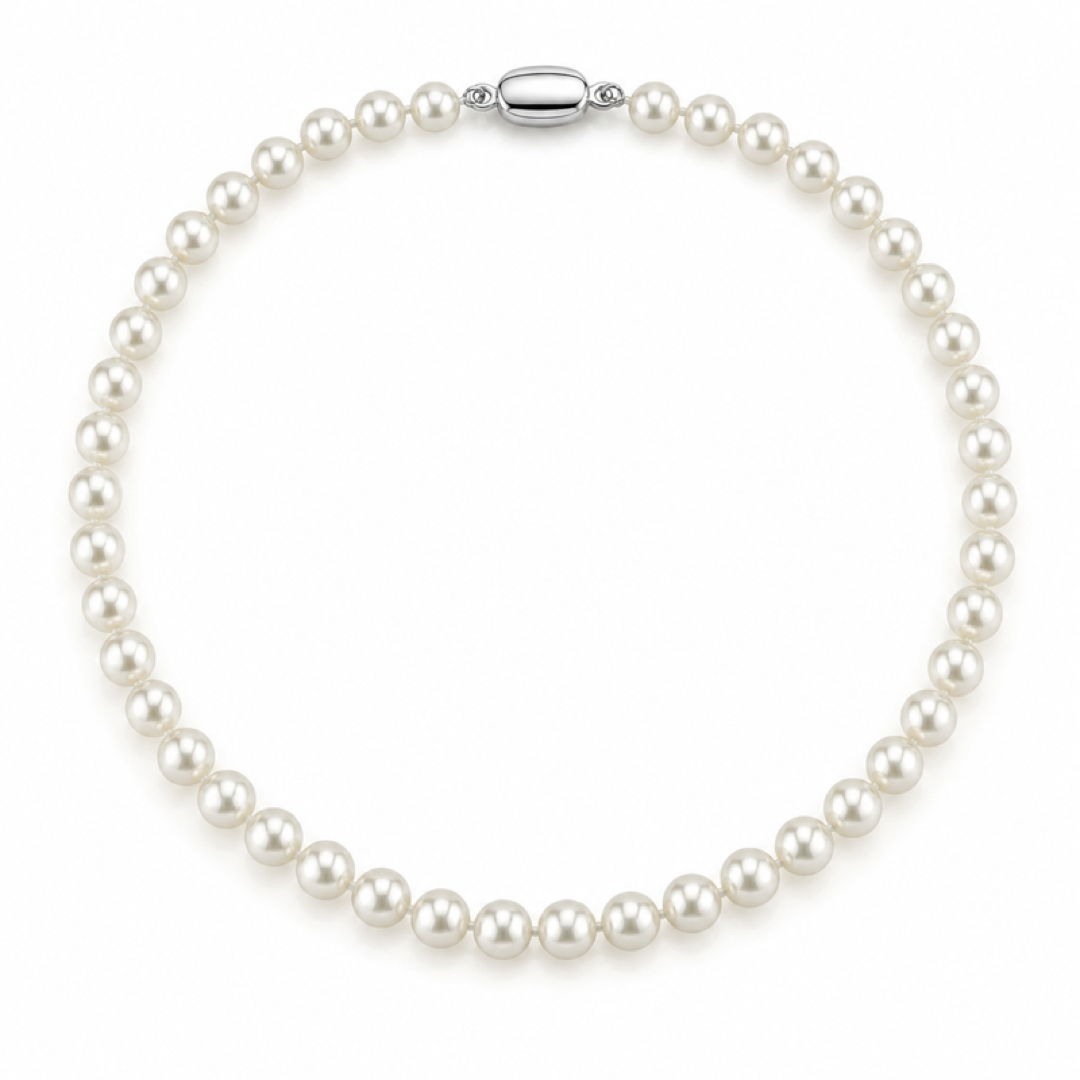 White pearl necklace with oval metal clasp, 5.5–6.0mm pearl size