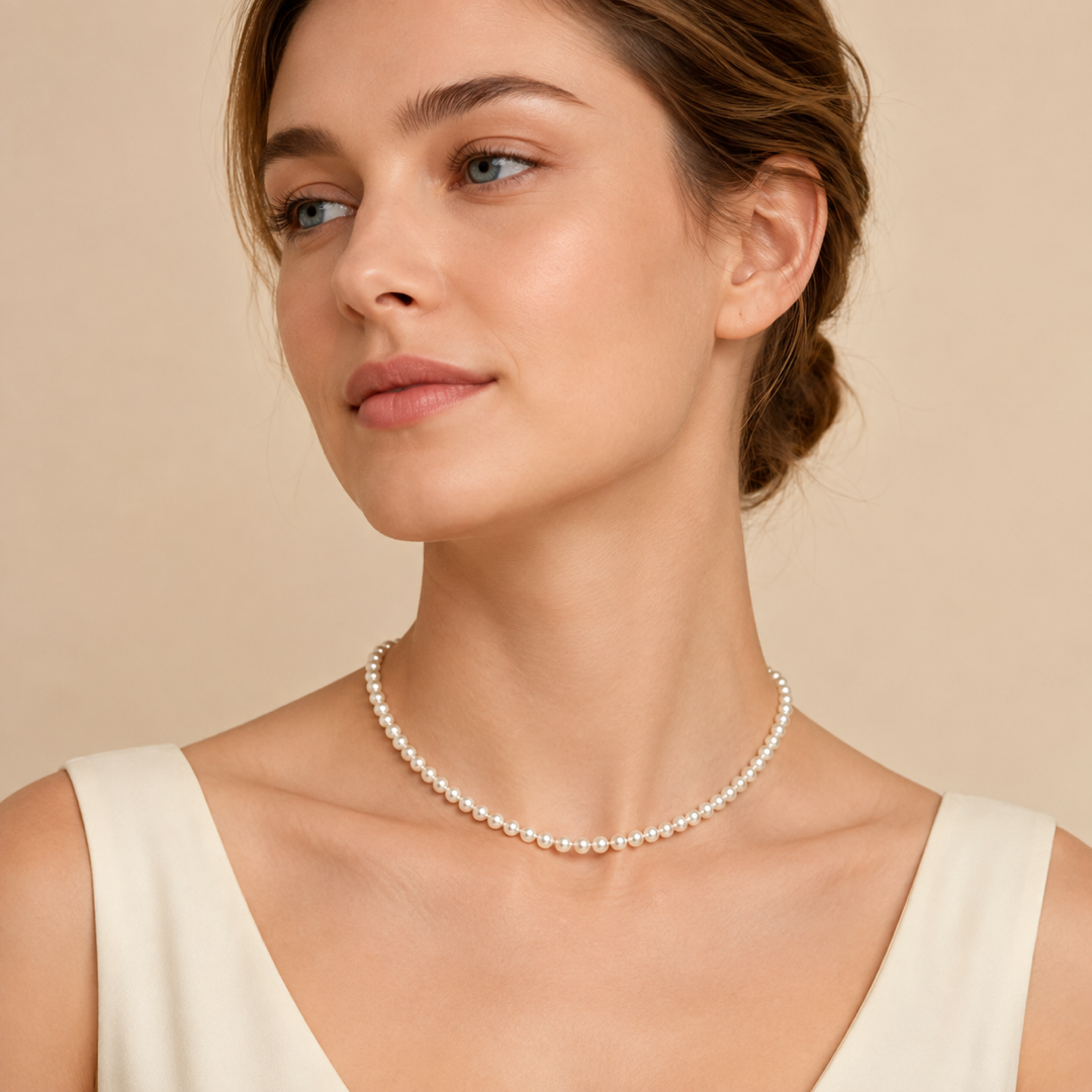 White pearl necklace worn at neckline, small round pearls with oval clasp