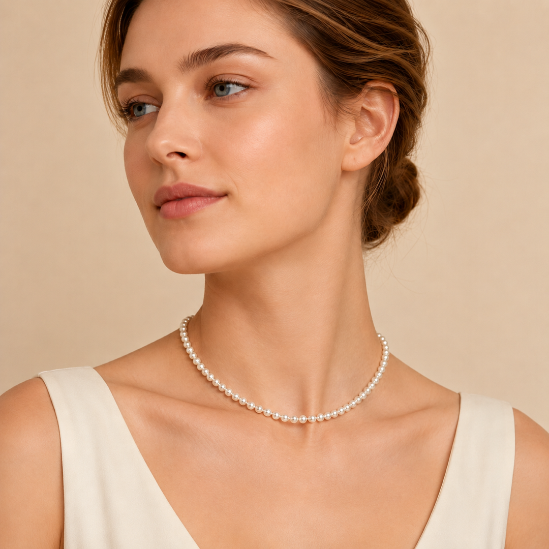 White pearl necklace at collarbone on model, round pearls with oval clasp