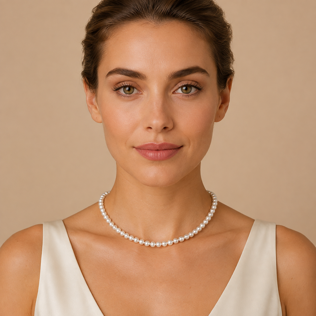 White pearl necklace worn at collarbone on model, single strand with clasp