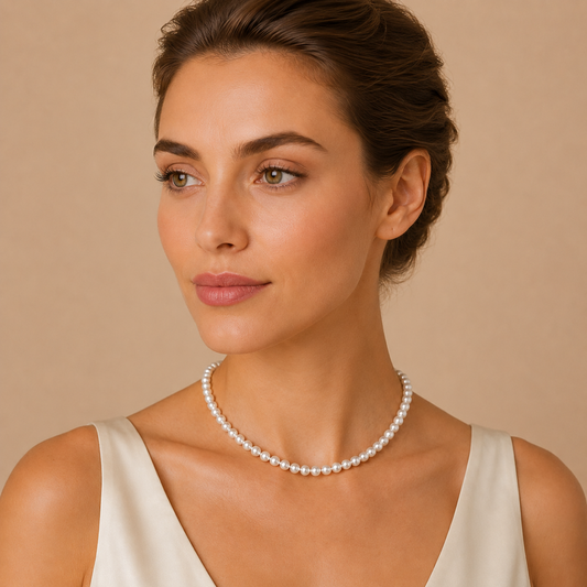 White pearl necklace on model's neck, small round pearls with silver clasp