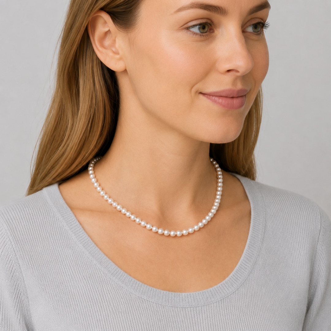 White pearl necklace worn on model; round pearls near collarbone