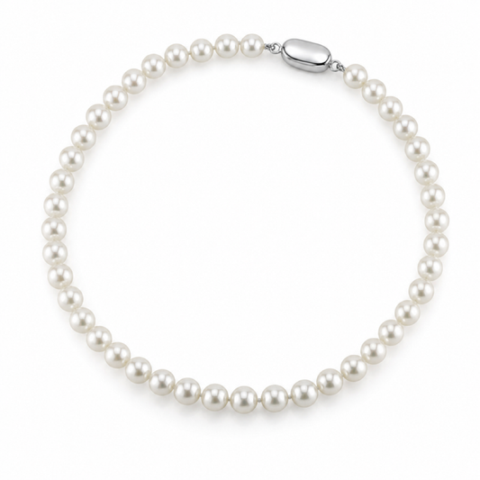 White Akoya pearl necklace with oval silver clasp and 6.5–7.0mm round pearls