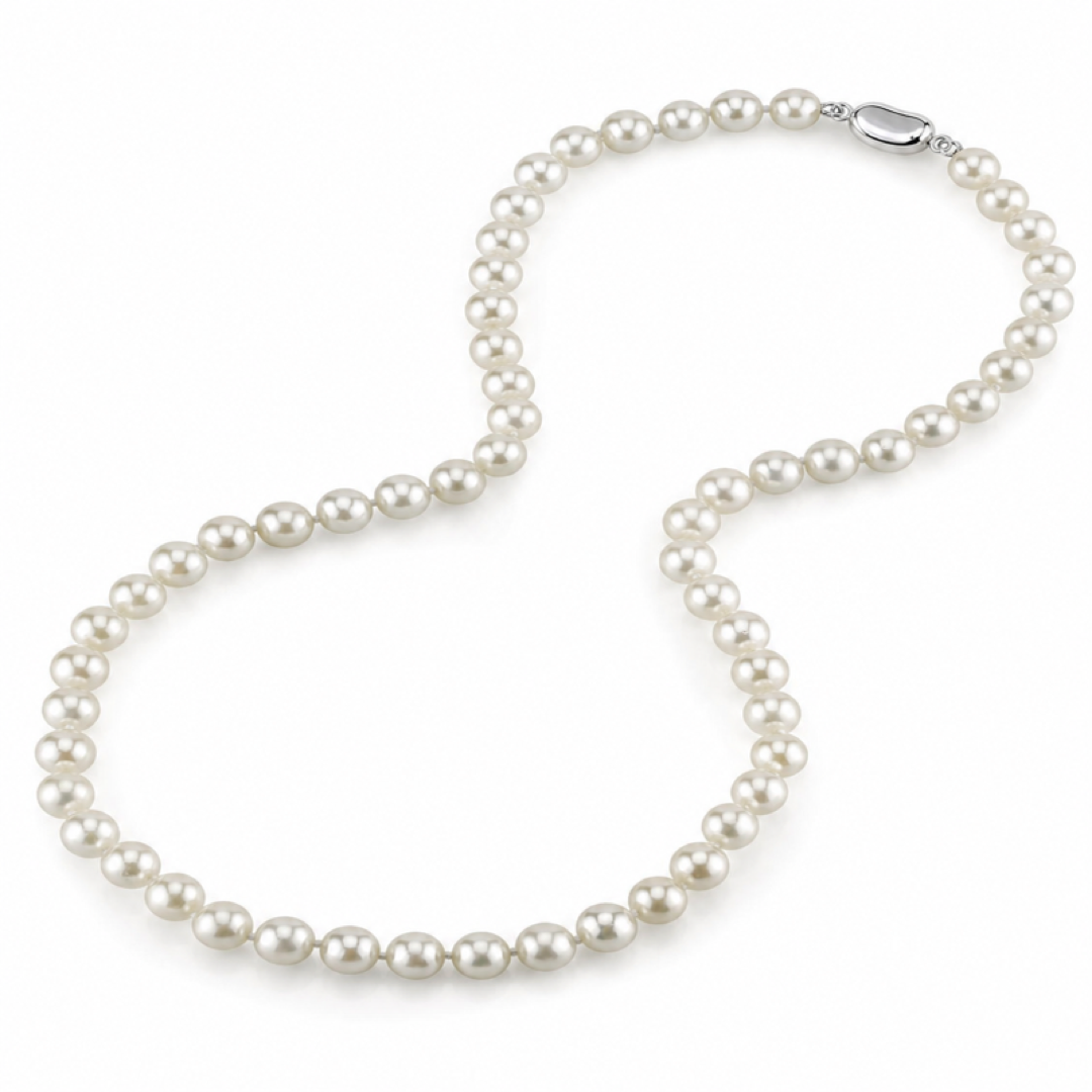 White pearl necklace with silver oval clasp and evenly spaced 6.5–7.0mm round pearls
