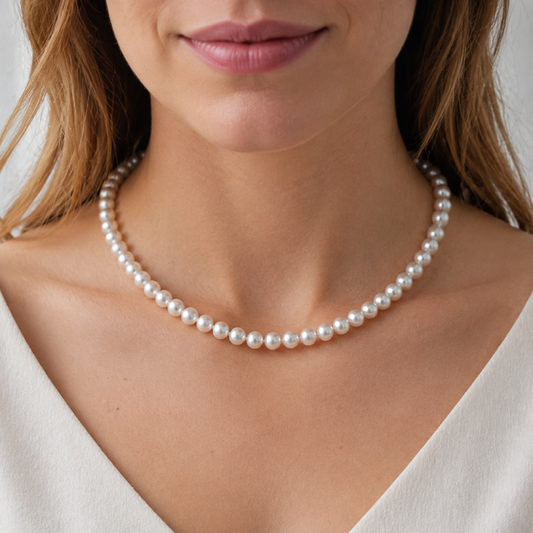 White pearl necklace with 6.5–7.0mm round pearls and silver clasp