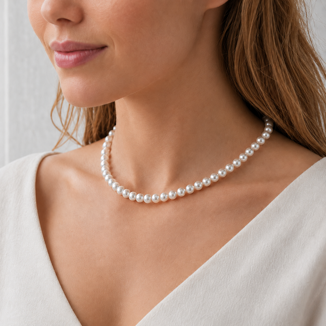 White pearl necklace with round pearls and silver clasp visible near the shoulder