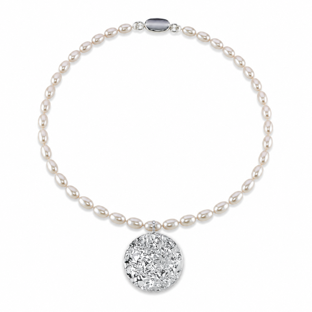 White freshwater oval pearl necklace with round glitter pendant and small clasp