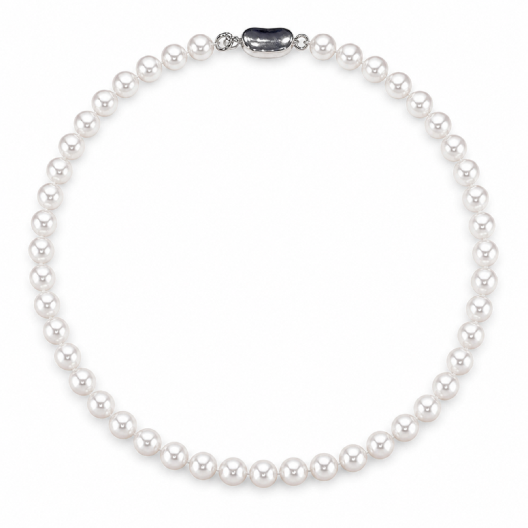 White round pearl necklace with silver-tone clasp centerpiece
