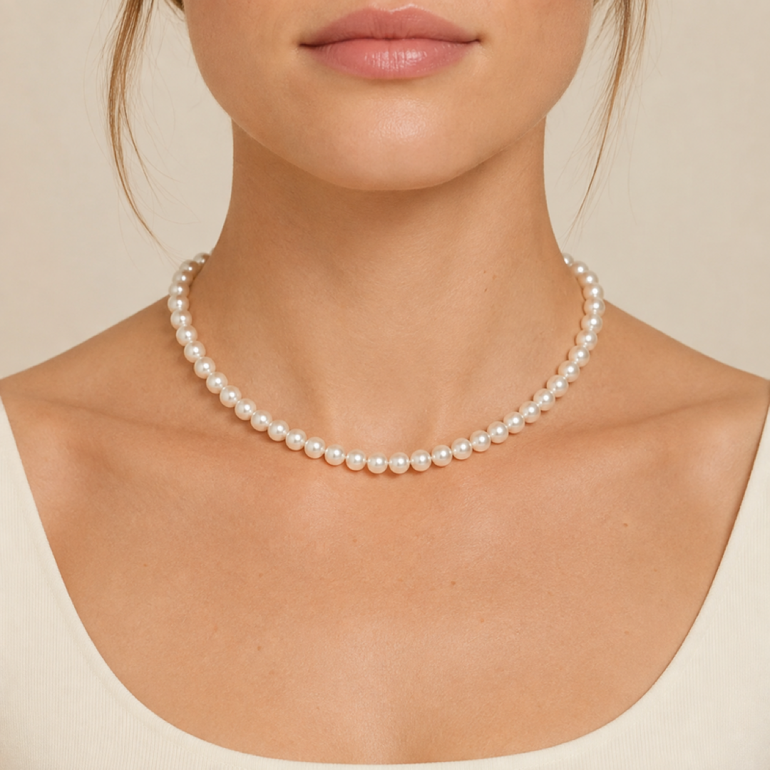 White freshwater pearl necklace worn close to the collar, round pearl strand