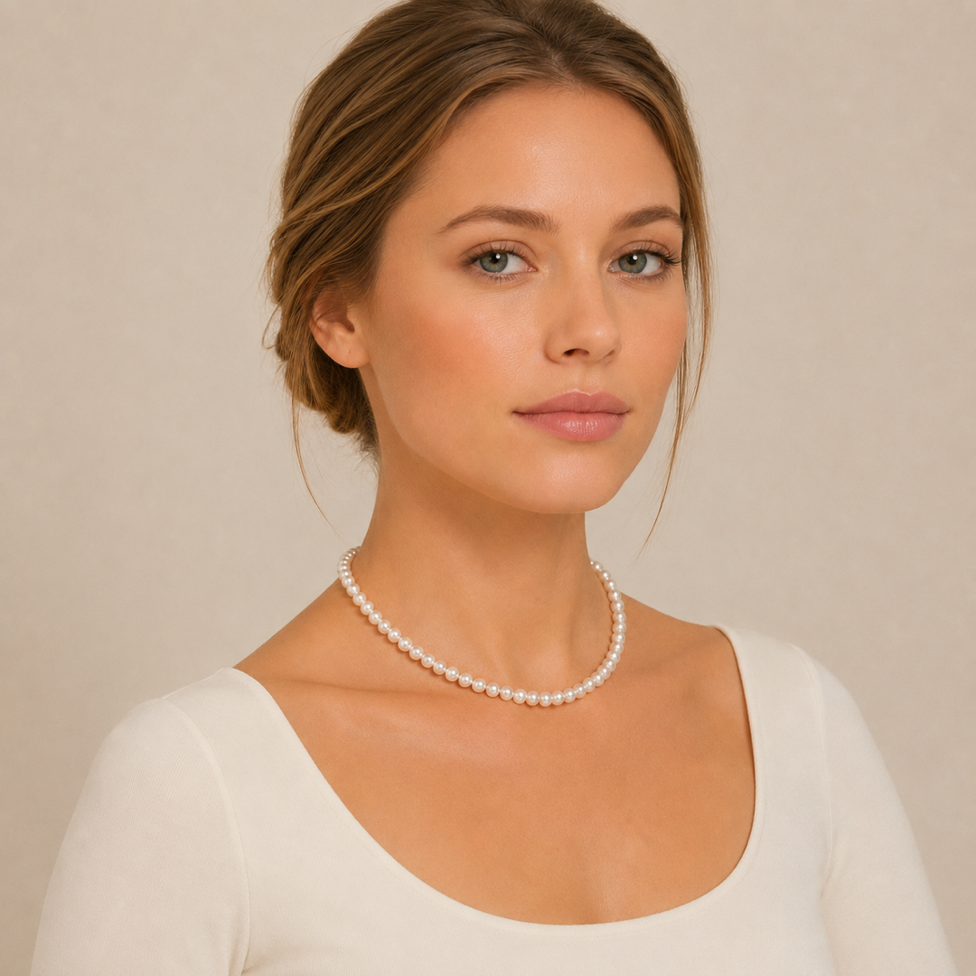 White freshwater pearl necklace worn by model, single-strand round pearls
