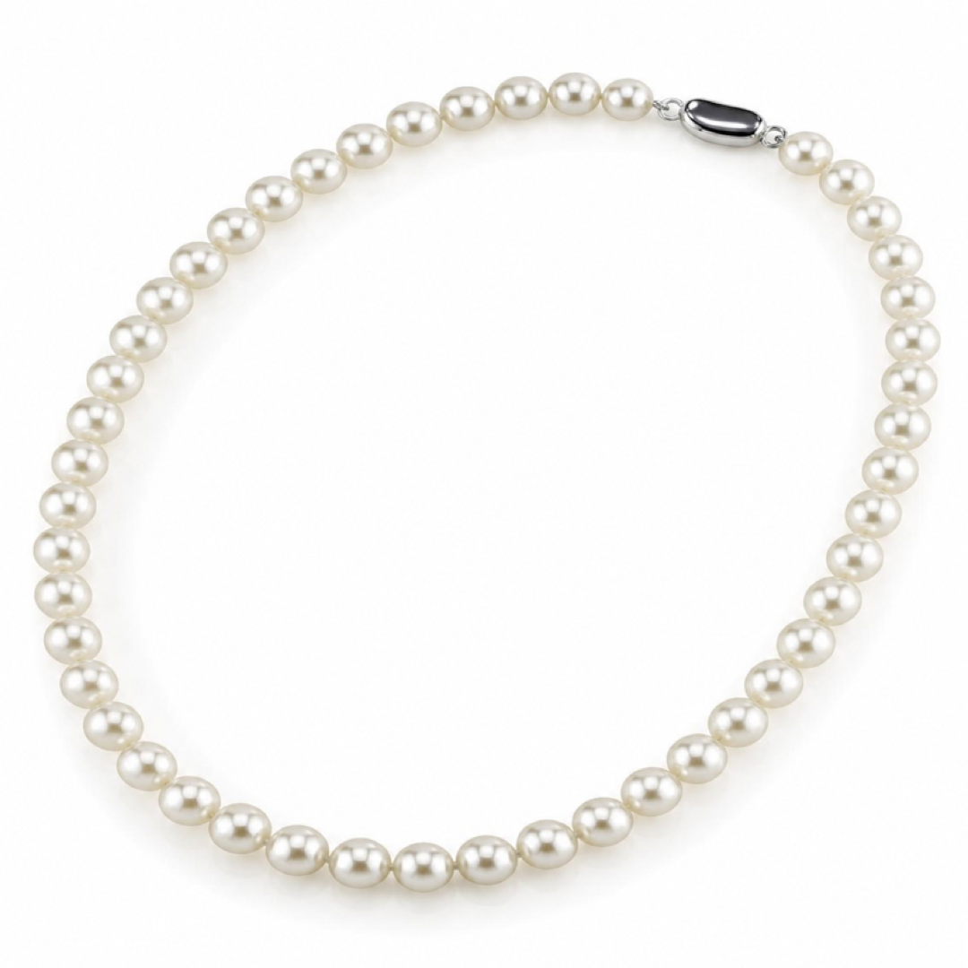White pearl necklace with evenly spaced round pearls and hook clasp