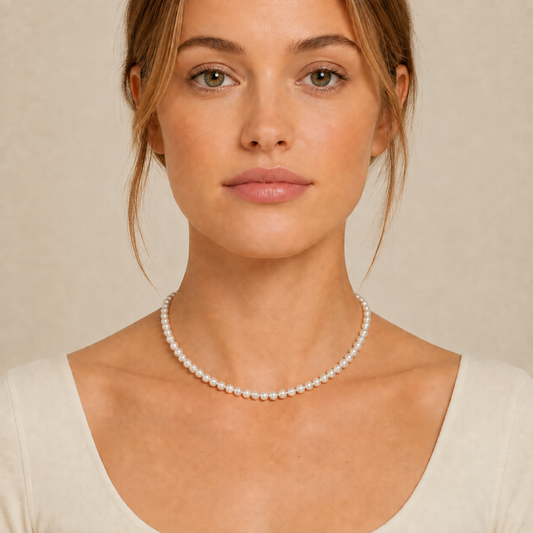 White pearl necklace with round pearls and silver-toned clasp at neckline