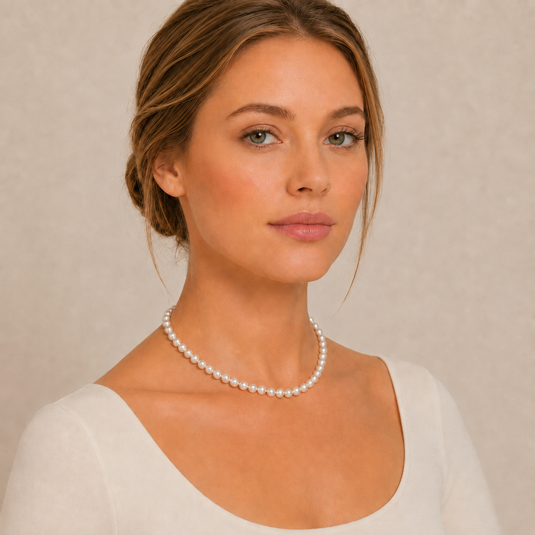 White pearl necklace with round pearls resting at collarbone