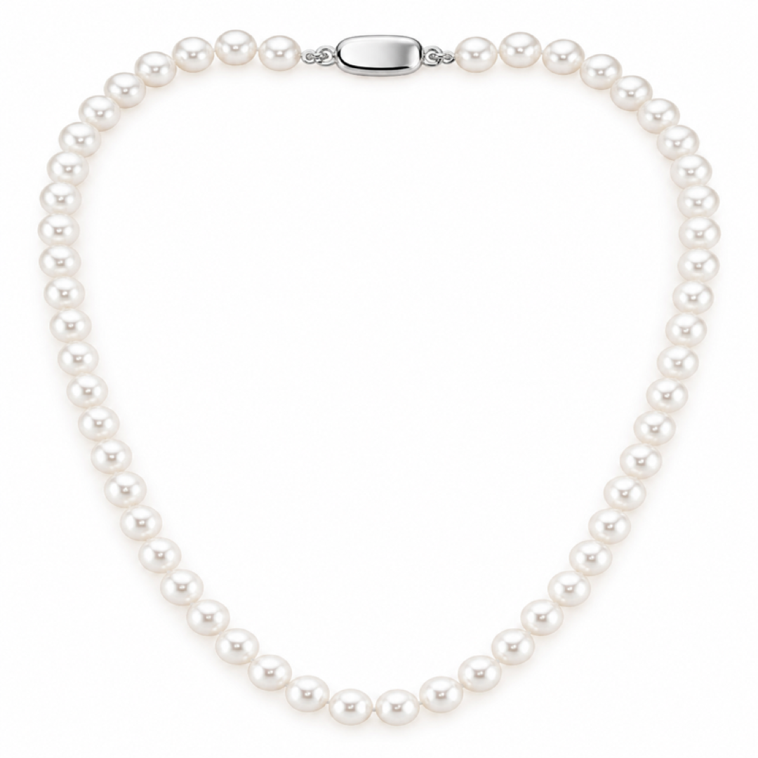 White freshwater pearl necklace with oval silver-tone clasp, 7–7.5 mm pearls