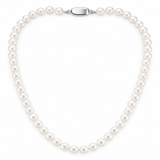 White freshwater pearl necklace with oval silver-tone clasp, 7–7.5 mm pearls