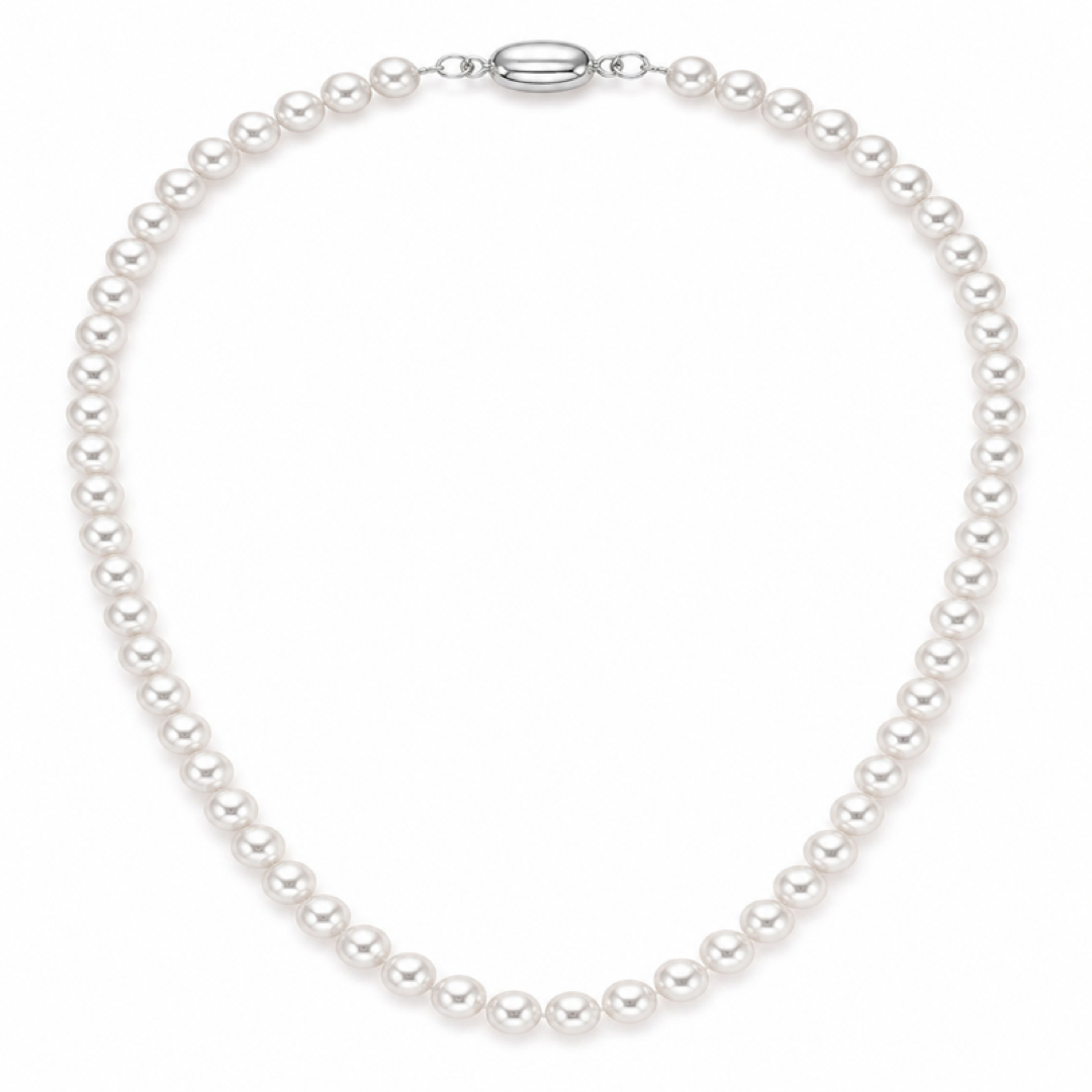 White freshwater pearl necklace with oval silver-tone clasp and evenly spaced pearls