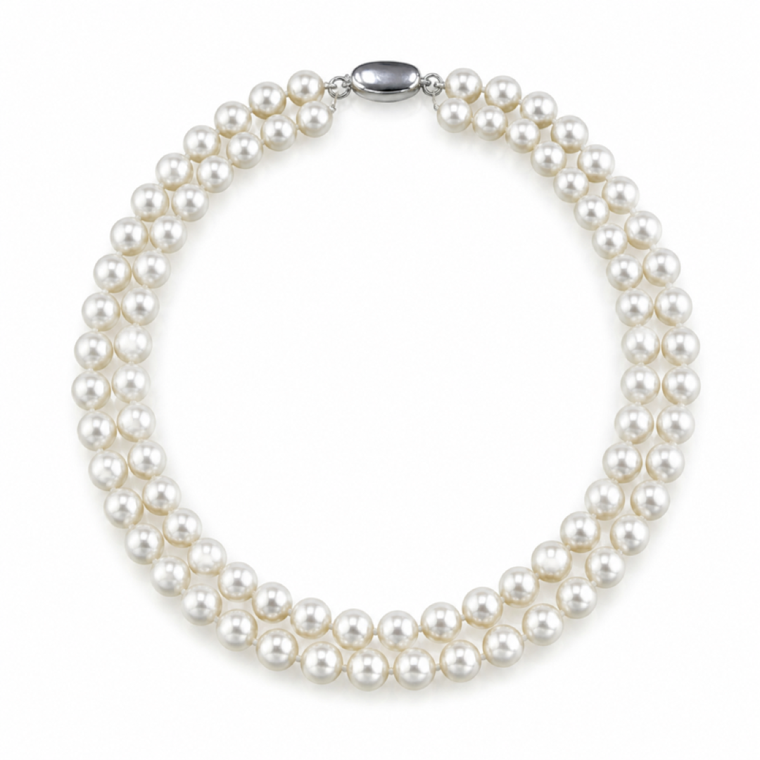 Double strand freshwater pearl necklace with oval blue clasp and white pearls