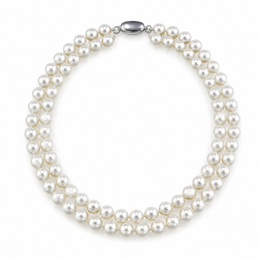 Double strand freshwater pearl necklace with oval blue clasp and white pearls
