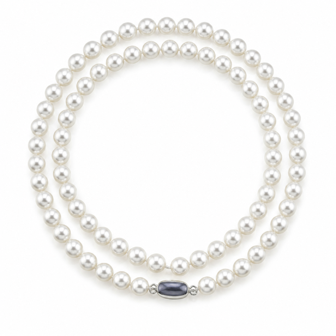 Double strand freshwater pearl necklace with white pearls and blue oval clasp at center