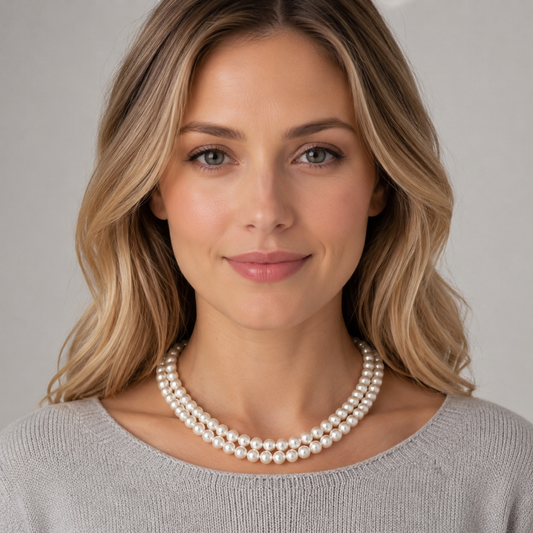 Freshwater pearl necklace worn: double strand white pearls with blue oval clasp