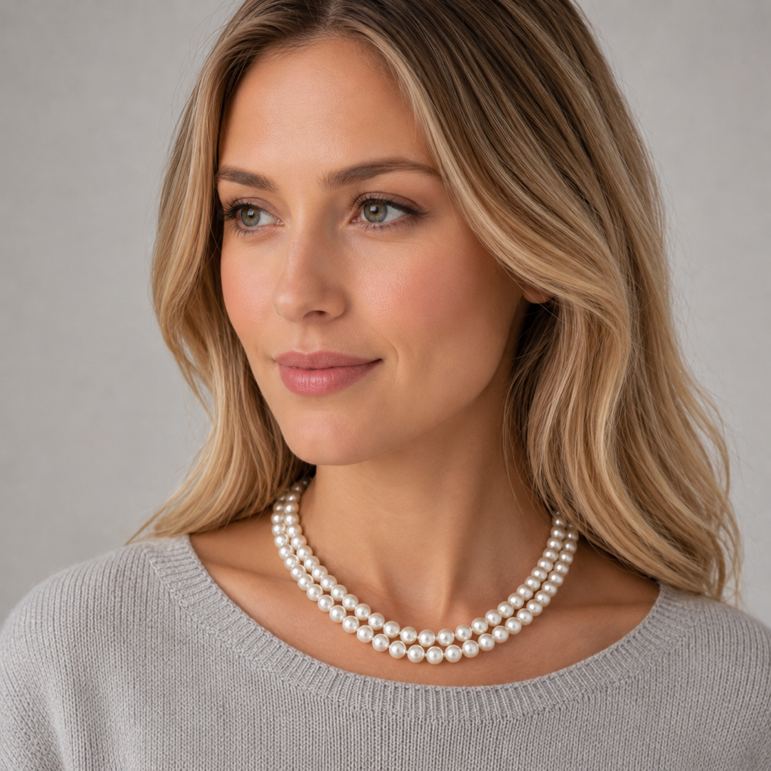 Freshwater pearl necklace worn on neckline: double strand white pearls, blue oval clasp